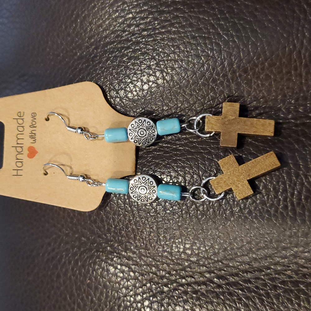 Handmade Cross Earrings with Blue Beads
